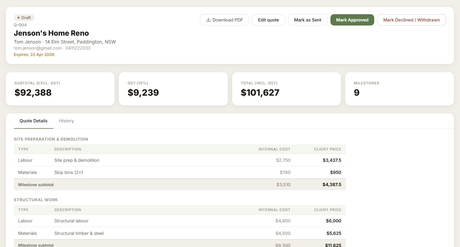 BOB internal quote builder — sections, line items, and margin summary