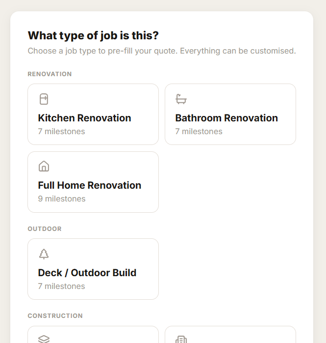 BOB new quote — job type preset cards