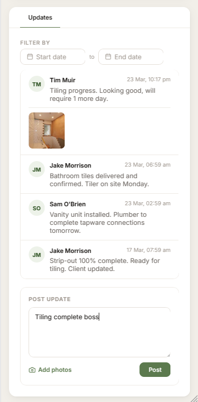 BOB team updates on mobile — who's on site and latest progress